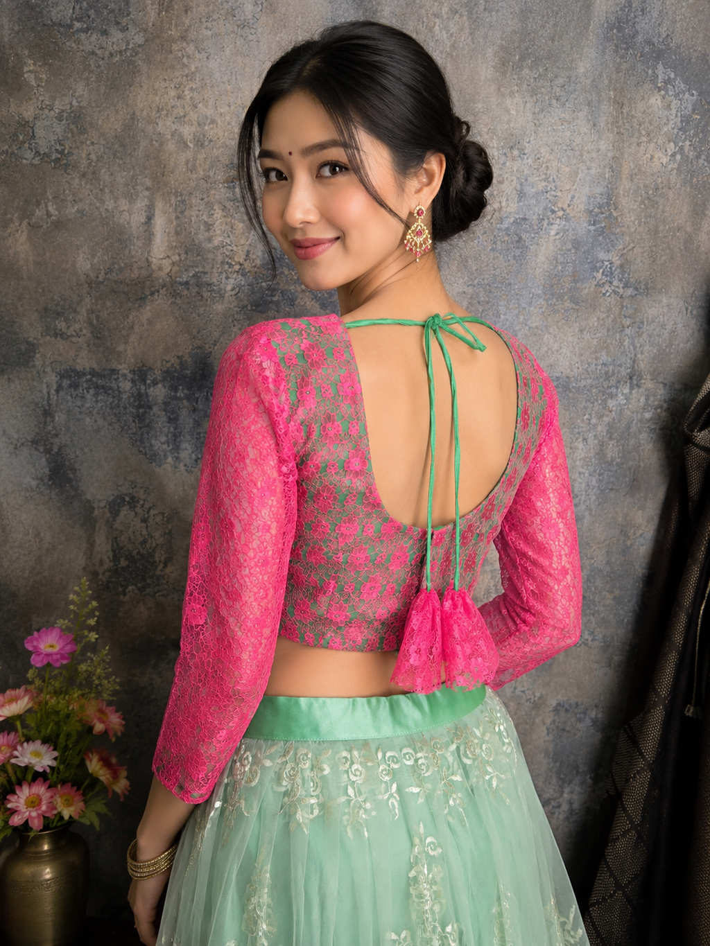 long sleeve pink lace saree blouse