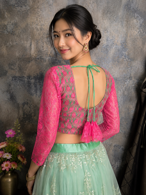 long sleeve pink lace saree blouse