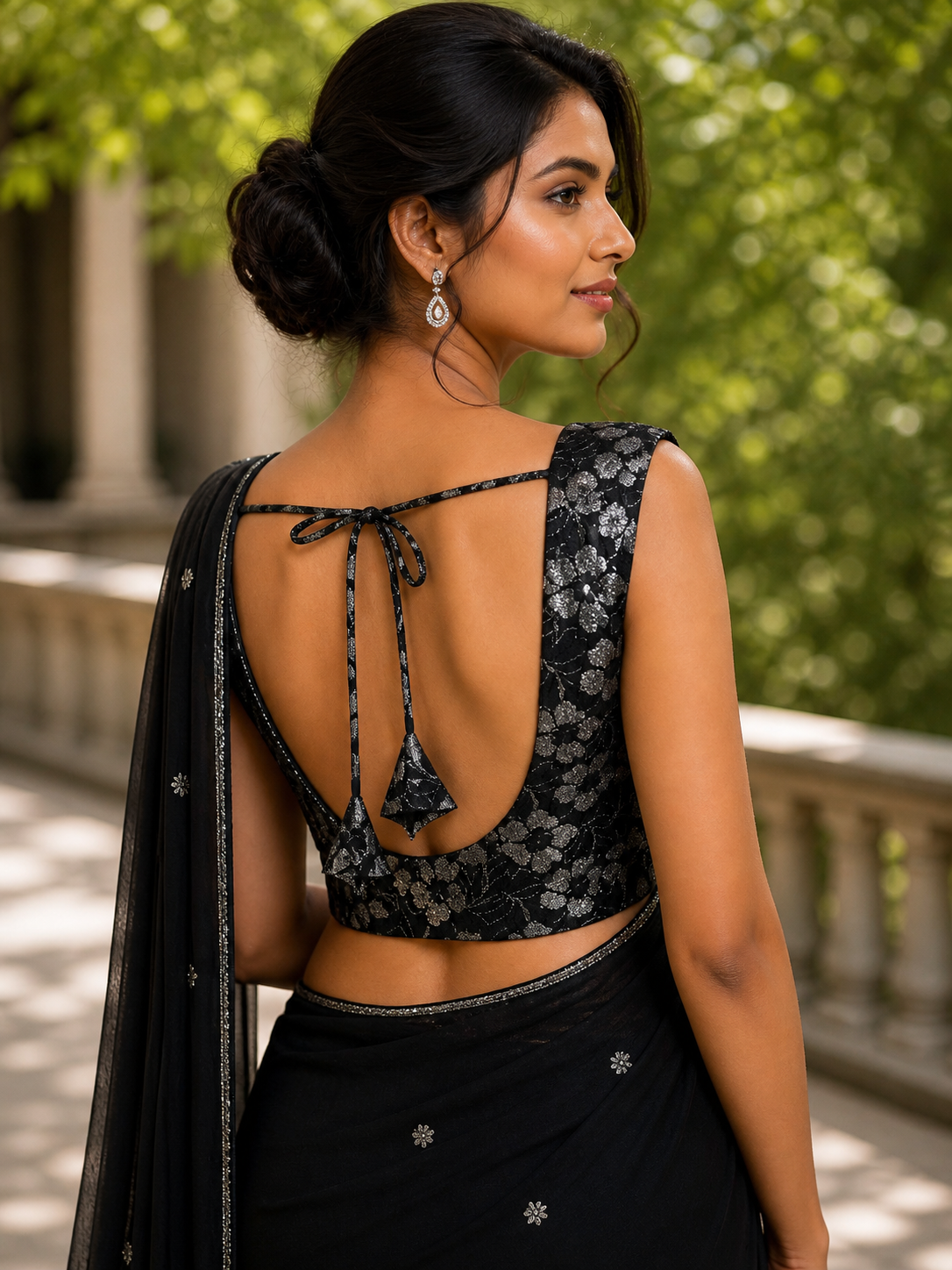 sleeveless black and silver saree blouse