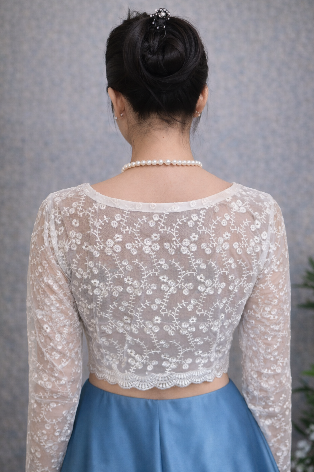 long sleeve white lace saree blouse