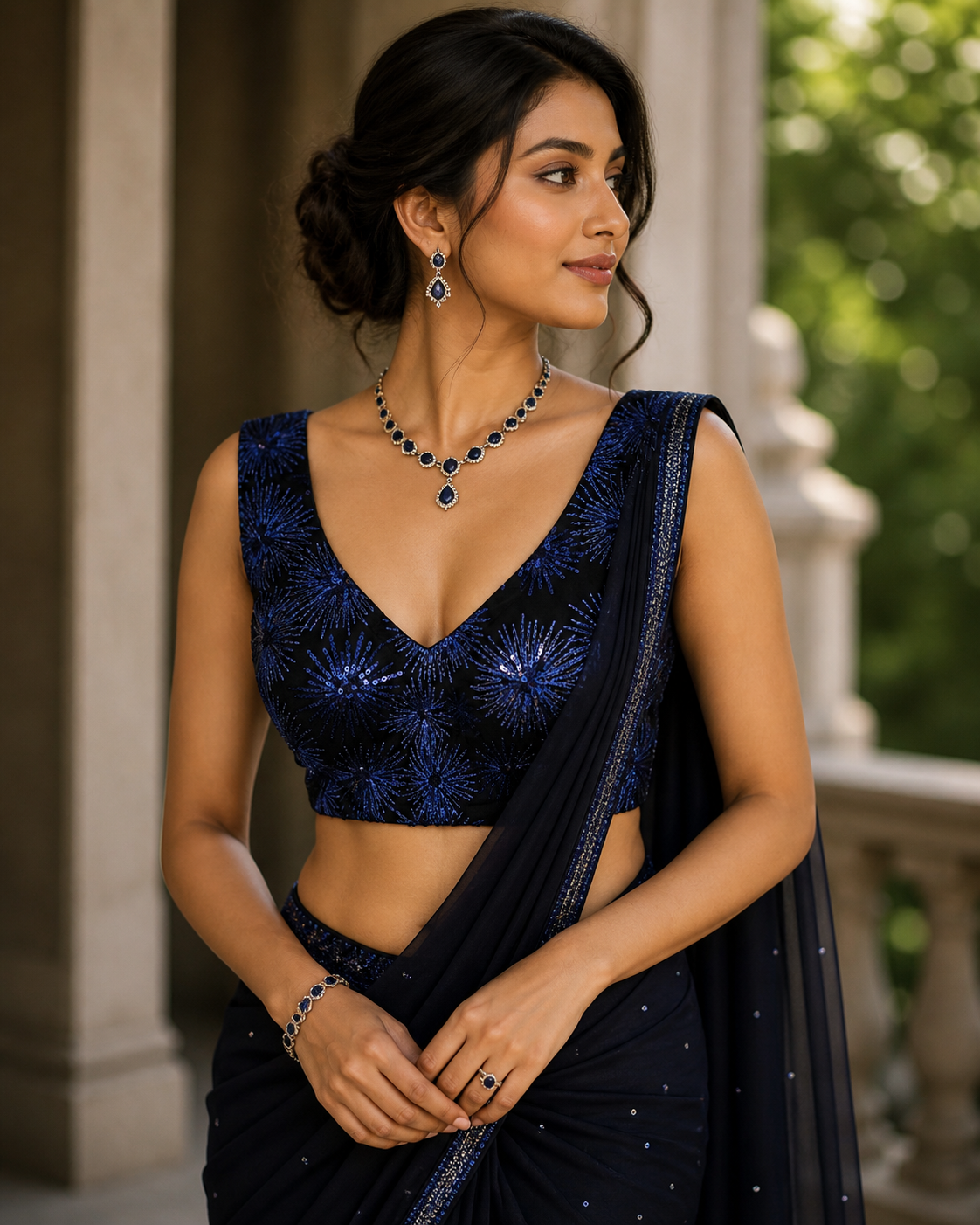 Sleeveless navy blue blouse with sequin