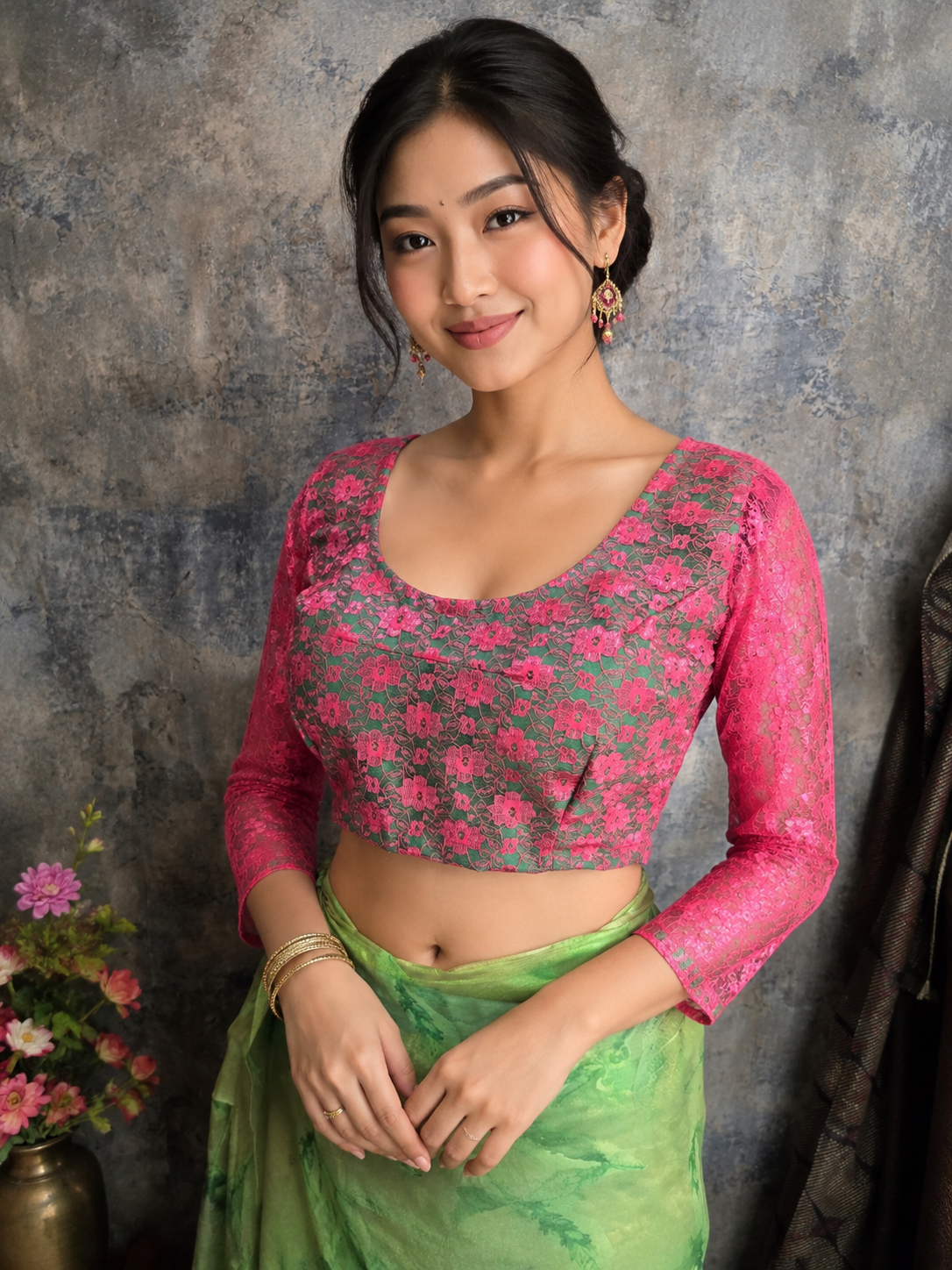 long sleeve pink lace saree blouse