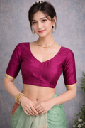 Magenta colour saree blouse with gold silver trim