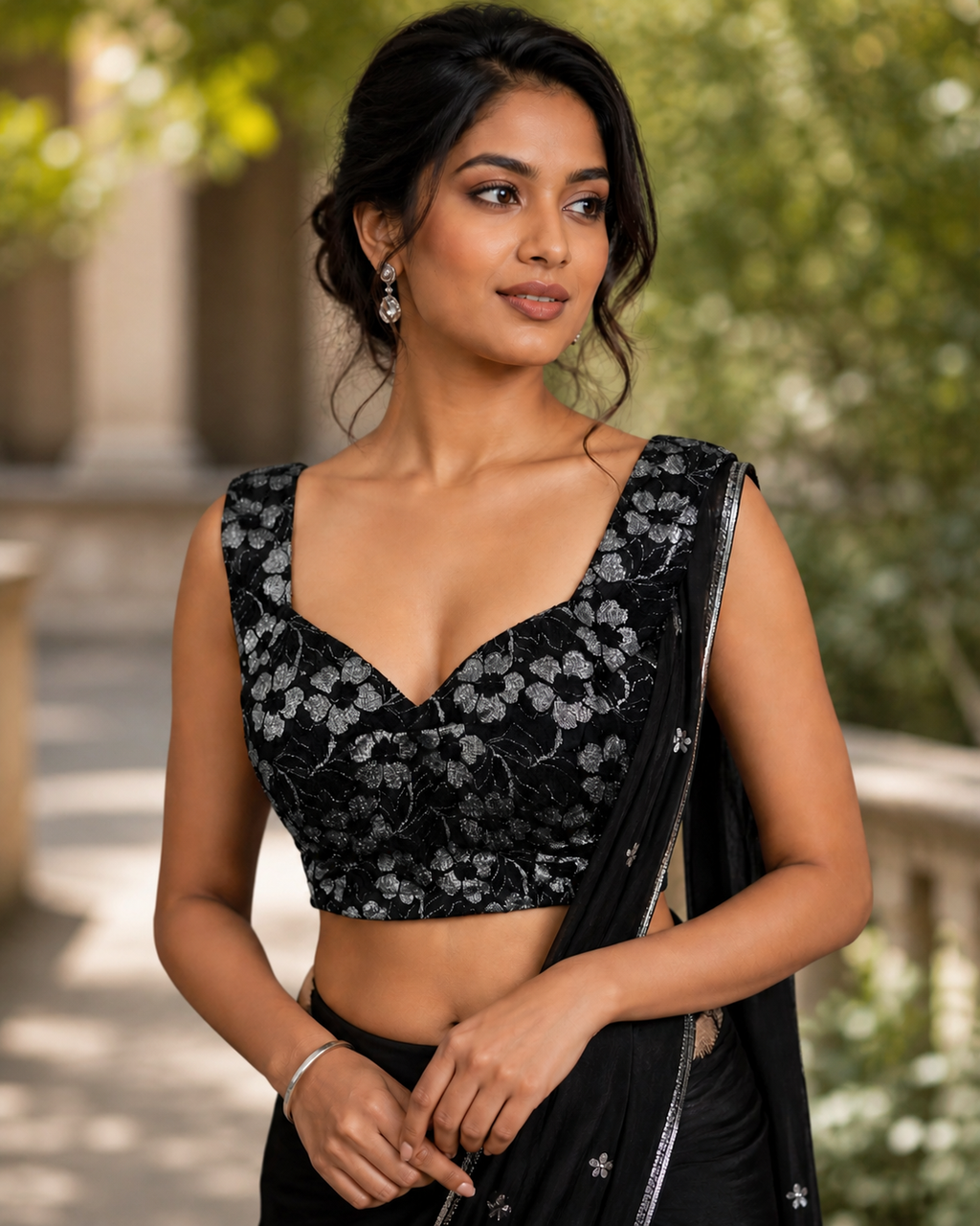 sleeveless black and silver saree blouse