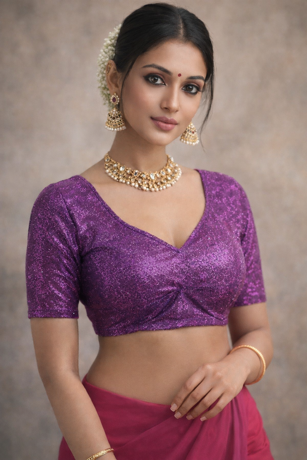 short sleeve magenta shimmer saree blouse